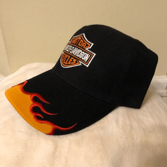 Vintage 🆕 Harley Davidson Motorcycle Baseball Cap Hat Black w/ Orange Flames - Picture 1 of 4